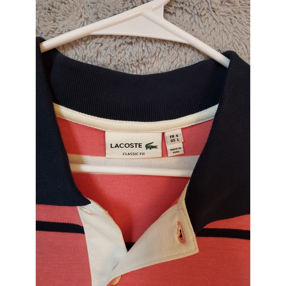 Lacoste Polo Shirt Mens Large Size 7 Striped Pink Classic Fit Preppy Contrast L - Picture 3 of 9